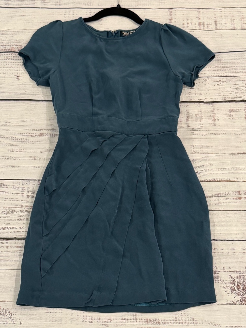 Vintage Anlo 100% Silk Teal Cocktail Dress MADE IN USA Cap Sleeve Flattering